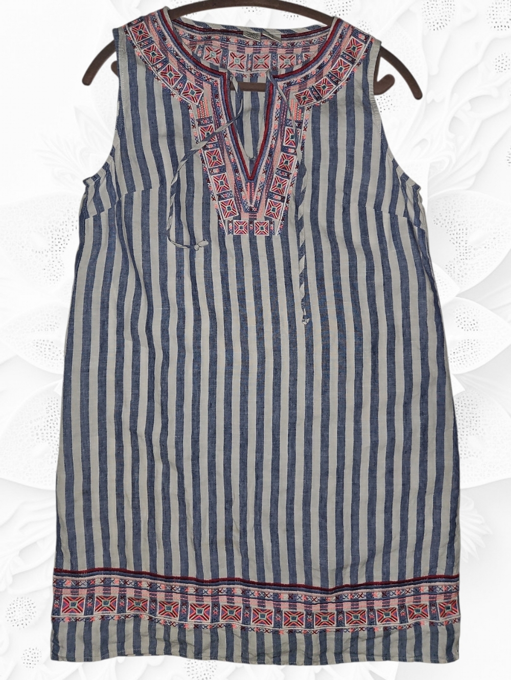 Artisan NY 100% Linen Embroidered Striped Shift Dress Blue White Tunic M